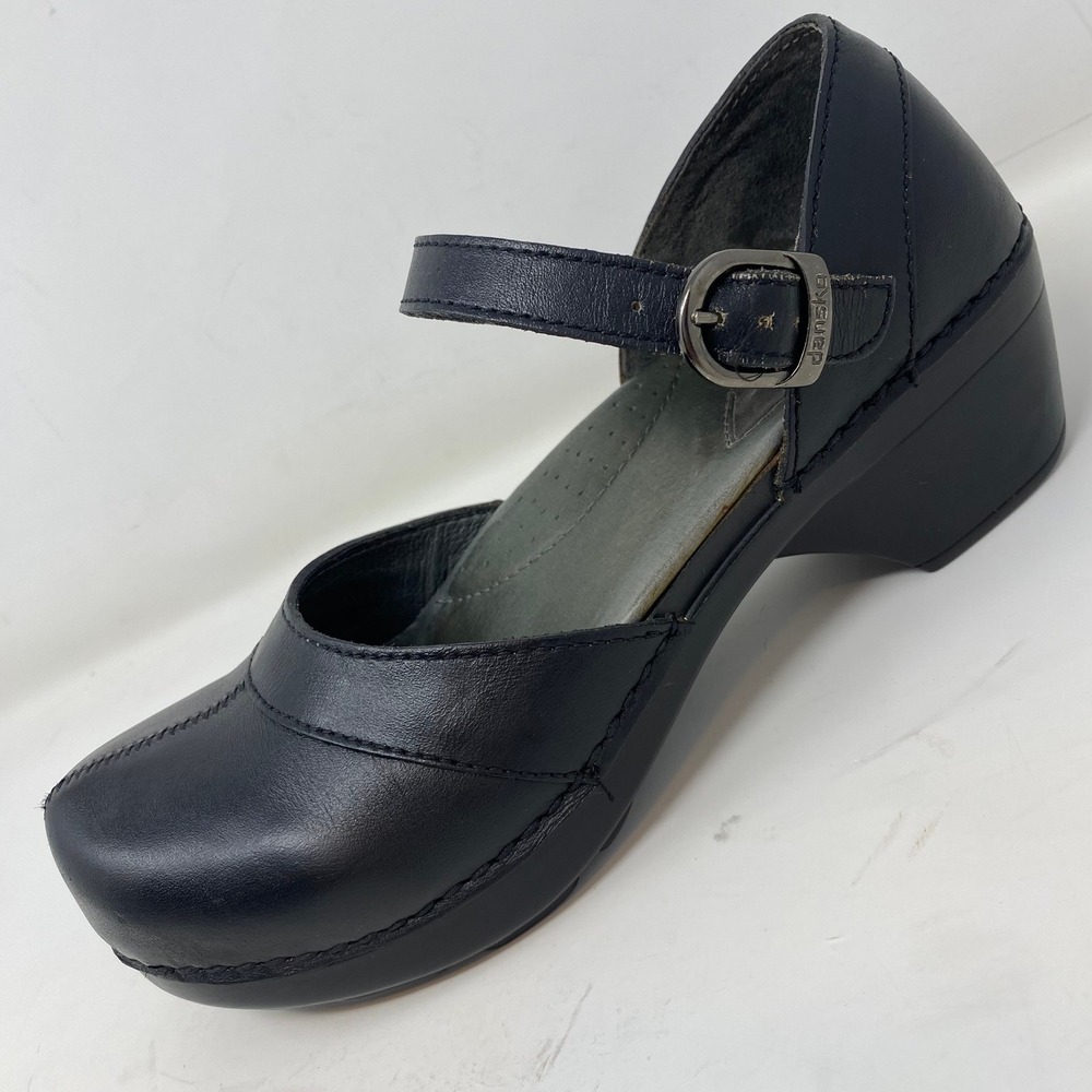 Womens Dansko Sally Black Leather Mary Jane Clog Ankle Strap 37 US 6.5/7